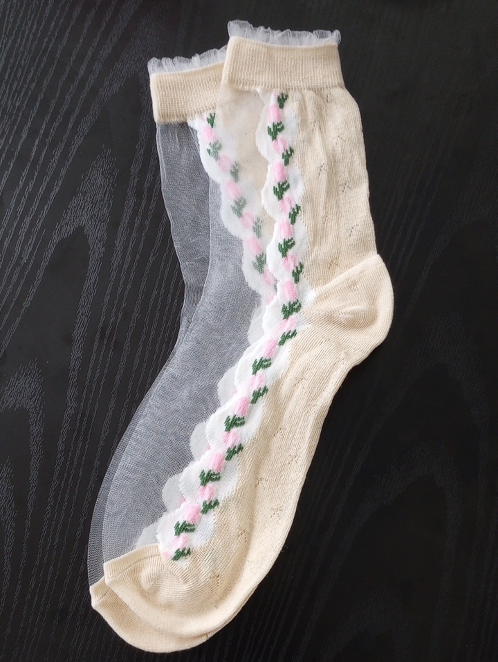 Summer Sheer Beige Cream Midcalf Crew Socks with Pink Green Florals